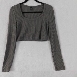 SHEIN Gray Crop Top Long Sleeve Waffle Knit Scoop Neck Casual‎ Top